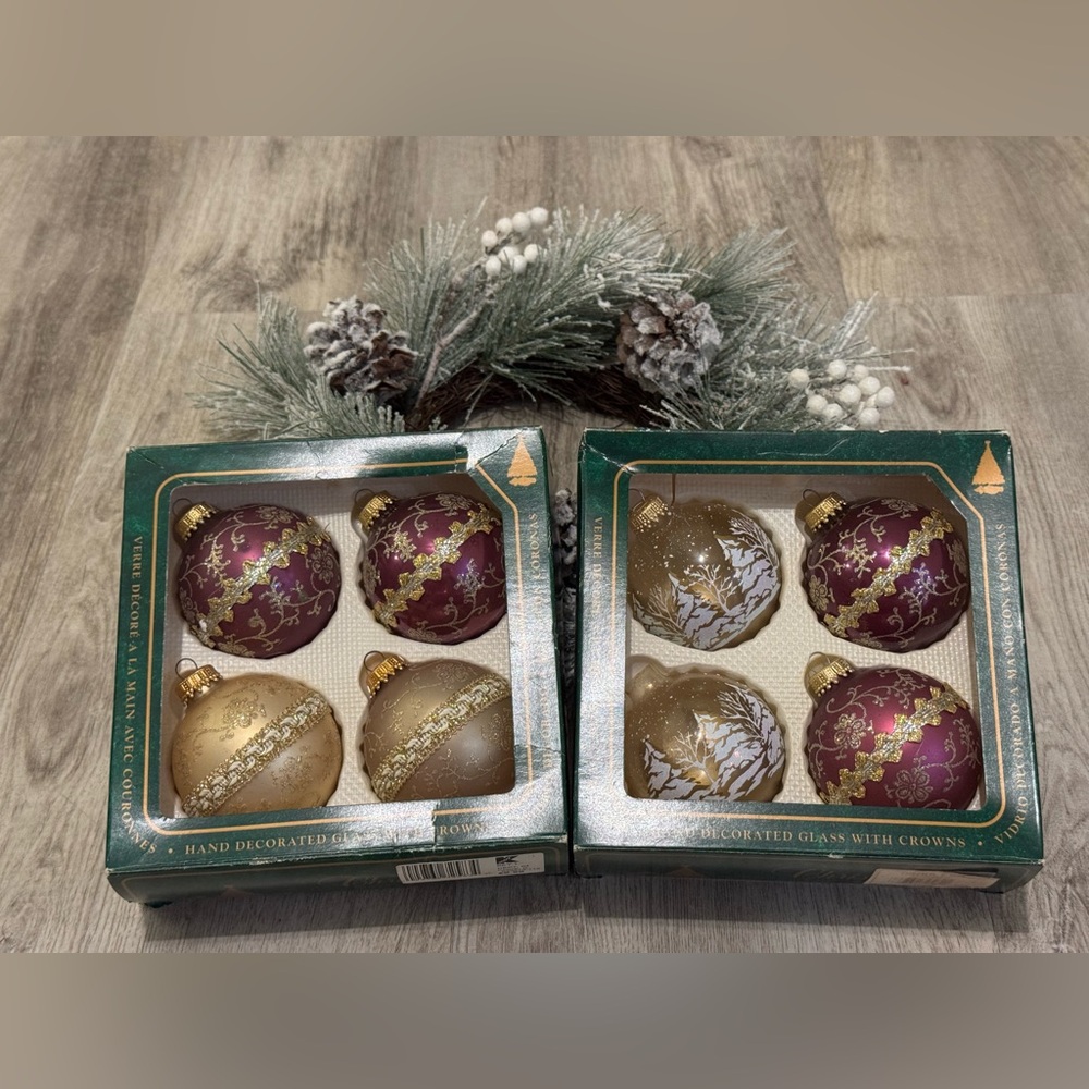 Vintage Christmas By Krebs 8 - Purple Gold Glass Ornaments W/Glitter & Ribbon